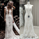 Short Sleeve Lace Sheath Boho Mermaid Wedding Dress V Neck Bohemian Wedding Bride Dress Real Photo Custom Made