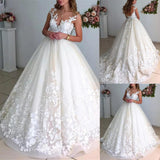 Gown Illusion Scoop Wedding Dresses with Cap Sleeves Sexy Sleeveless V Back Lace Appliques Bridal Gowns Robe de Mariee