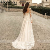 Elegant O-Neck Wedding Dresses Lace Up A-Line Appliques Long Sleeves Beach Bride Gowns robe de mariée bohème Plus Size