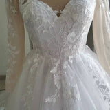 New V Neck Long Sleeve Wedding Dresses Saudi Arabia Lace Bridal Gowns Court Train Elegant Lace Bridal Gown Vestido De Noiva