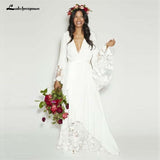 Bohemian Long Sleeves Deep V Neck Hippie Beach Wedding Gown Plus Size Wedding Dresses