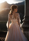 Champagne A Line Wedding Dresses with Puff Sleeves Sheer Scoop neck Lace Appliques Buttons Back Formal Bridal Gowns