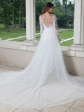 Sleeve Jumpsuit Wedding Dresses With Detachable Train 2023 Lace Appliques Tulle Pants Suit Bridal Gown Button Back Elegant