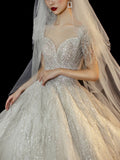 Shining Beading Handmade Wedding Dress With Sweep Train Illusion O Neck Short Sleeve Ball Gown Plus Size Vestido De Noiva