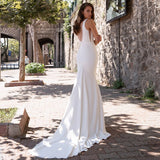 Mermaid Wedding Dresses Sheer V-Neck Sleeveless Crystal Sweep Train Elegant Satin Bridal Gown With Button Back 2023