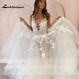 A-Line Backless Wedding Dress 2023 Vintage Lace Applique Beaded Off White Tulle Wedding Gowns Trouwjurk Long Bridal Dress