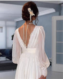 Vintage Boho Lace Chiffon Wedding Dresses Puff Long Sleeves V Neck Bohemian Bride Gowns Floor Length Elegant Bridal Dress