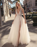 Wedding Dresses 2023 Sexy Side Split Beaded Deep V Neck Backless Bohemian Bridal Gowns Floor Length Vestido De Novia