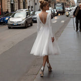 Simple Short Wedding Dress Long Sleeve Tulle Tea-Length Bridal Party Gown with Belt V-Neck A-Line Button Custom Made