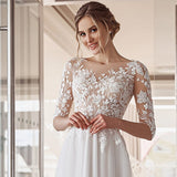 Half Sleeve A-Line Wedding Dress 2023 Lace Appliques O-Neck Civil Bridal Gown With Button Back Tulle Floor Length