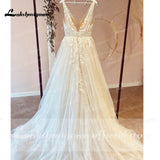 Champagne V Neck Lace Appliques Wedding Dress 2023 with Shiny Tulle Vestidos Garden A Line Backless Bridal Gowns