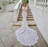 Dress Mermaid V-Neck Tank Backless Lace Appliques Sequined Tulle Floor Length Sweep Train Gorgeous Bride Gown 2023