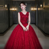 Red Shiny Quinceanera Dress Sleeveless Party Dress Elegant V-neck Ball Gown Vintage Prom Gowns Formal Robe De Bal Customize