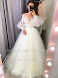 Beach Wedding Dress A-Line Long Puff Sleeve Sheer Illusion Back Lace Appliques Bride Gown Vestido De Noiva