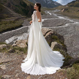 Chiffon Wedding Dresses With Cape 2023 A-Line Side Slit O-Neck Lace Appliques Sexy Open Back Sweep Train Bridal Gown