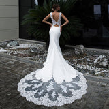 Sleeveless Mermaid Wedding Dresses 2023 Sheer Scoop Neck Lace Appliques Vintage Bridal Gown Blackless Sweep Train