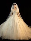 Shining Beading Handmade Wedding Dress With Sweep Train Illusion O Neck Short Sleeve Ball Gown Plus Size Vestido De Noiva