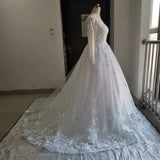 New V Neck Long Sleeve Wedding Dresses Saudi Arabia Lace Bridal Gowns Court Train Elegant Lace Bridal Gown Vestido De Noiva