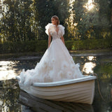 Champagne Princess Lace Flowers Beach Wedding Dresses Sexy Backless Deep V-Neck Glitter Tulle Bridal Gowns vestido de novia