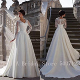 A Line Wedding Dresses with Lace Long Sleeves Sweetheart Zipper Back Floor Length Pleated Satin Robe de Mariage