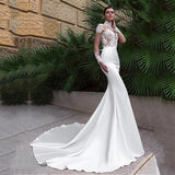 High Neck Long Sleeve Mermaid Wedding Dress Satin 2023 Lace Appliques Bridal Gown With Bow Gorgeous Train Button Back