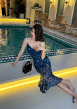 French holiday floral sling dress blue mesh mermaid dress HZ1108