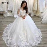Plus Size Wedding Dresses V Neck Long Sleeves Court Train Tulle Lace Applique Wedding Dresses Lace Up Back Vestido De Noiva
