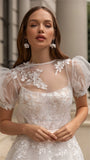 O-Neck A-line Wedding Dresses Puff Sleeve Flower Open Back Floor Length Appliques Bridal Gown Vestidos De Novia