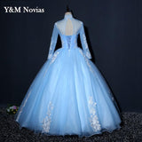 Illusion Sky Blue Quinceanera Dress Floor Length Sweet High Neck For Party Luxury Embroidery Ball Gown Prom Dress Plus Size