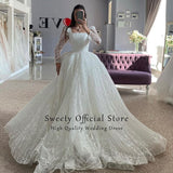 Wedding Dress Embroidered Lace On Net With Ball Gown Train Elegant Boat Neck Full Sleeve bridal Gowns Button Robes De Ma