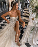 Bridal Dress Sexy Sweetheart Side High Slit Ladies Elegant Tulle Appliqué Seaside Wedding Party Backless Robe De Mariée