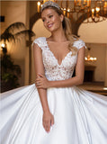 Women's Wedding Dress Lace Appliqué Beaded V-Neck Robe De Mariée Long Sleeve Bridal Dress Seaside Wedding Party Vestidos De