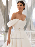 Strapless Satin A-Line Wedding Dress Off The Shoulder Sweep Train Princess Bride Gown Plus Size Vestido de Noiva