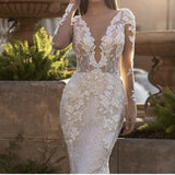 Luxury Lace Appliques Sequins Mermaid Wedding Dress V-Neck Long Sleeve Backles Sweep Train Bride Gown Vestidos De Noiva 925