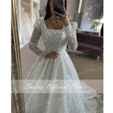 Wedding Gowns With Beading Princess A-line Ball Gown Square Collar Full Sleeve Bride Dress Prom Dresses Robe De Marie