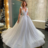 Shiny A-Line Wedding Dresses Women's 2023 Deep V-Neck Sleeveless Lace Princess Bridal Gowns Beach Formal Party Robe Customi