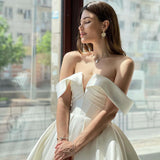 Simple A-Line Wedding Dresses Off The Shoulder Satin Sweep Train Bridal Gowns Boho Beach Evening Wedding Gowns Custom Size
