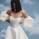 White A-Line Wedding Dresses Puff Sleeve Long Satin Bridal Gowns Elegant Boho Beach Evening Wedding Prom Gowns Custom Size