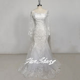 Long Flare Sleeve Lace Mermaid Wedding Dress 2023 Sheer O-Neck Gorgeous Bridal Gown With Button Back Train Custom Made