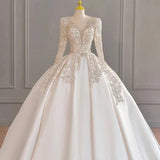 New Sexy Backless Wedding Dresses Long Sleeve Satin V-neck Ball Gown Wedding Gowns Lace Bridal Dress Vestido De Noiva