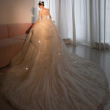 Long Sleeve Beading Wedding Dress Sexy See Through Square Collar Luxury Sweep Tain Winter Bridal Gowns Vestido De Noiva