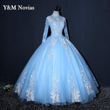 Illusion Sky Blue Quinceanera Dress Floor Length Sweet High Neck For Party Luxury Embroidery Ball Gown Prom Dress Plus Size