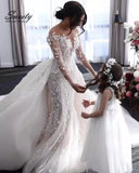 Detachable 2 In 1 Mermaid Wedding Dress Heavy Industry Embroidery Lace Bead 0-neck Full Sleeve Gown Robe De Mariee 912
