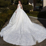 Shining Wedding Dress Organza with Embroidery Ball Gown high O-Neck Full sleeve Bridal Gowns BackLace Up Robes De Mariée