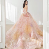 Spring New Simple Stamped Wedding Dress Strapless Colorful Flower Bridal Dress Sweep Tail Party Prom Dress Vestido De Noiva