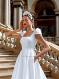 Square Collar A-Line Satin Wedding Dresses Short Sleeve Floor Length Princesse Bridal Gowns Custom Size