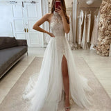 Tulle Women's Bridal Dresses High Collar Bohemian Style Wedding Gowns Princess Ball Formal Party Side Split Vestidos Mujer