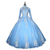 Illusion Sky Blue Quinceanera Dress Floor Length Sweet High Neck For Party Luxury Embroidery Ball Gown Prom Dress Plus Size