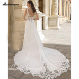 A-Line Split Chiffon Illusion Bodice Backless Beach Wedding Dresses for Women Appliques Summer Boho Bride Dress