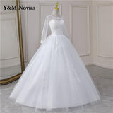 Video Cheap Luxury Pearls Ball Gowns O-Neck Off White Tulle Bridal Dress For Wedding Dresses with Sleeve Plus Size Custome